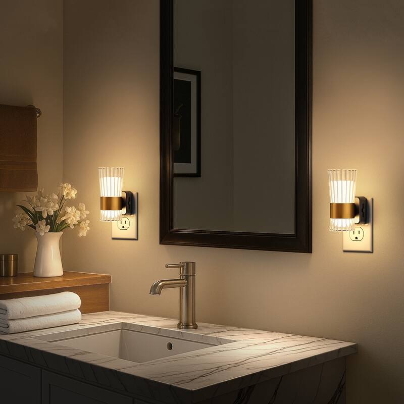 YANSUN Set of 2 Plug-in Wall Lights, Dimmable 3000K Warm, Clear Textured Trumpet Shade, Black & Brass