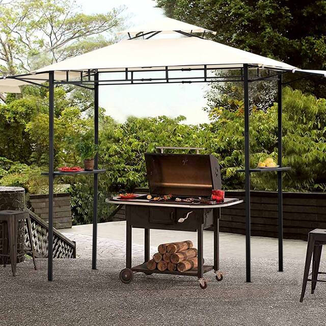 12Ft Lx4.3Ft W Steel Double Tiered Backyard Patio BBQ Grill Gazebo with Bar Counters, Beige