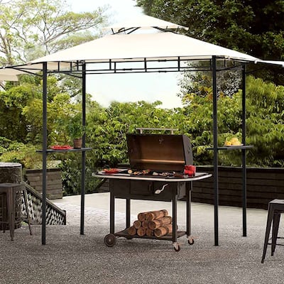 12Ft.Lx4.3Ft.W Steel Double Tiered Backyard Patio BBQ Grill Gazebo with Bar Counters