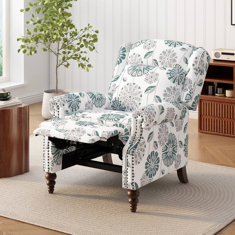 Roomfitters Push Back Recliner Armchair with Wing Back and Nailhead Trim, White and Blue Pattern