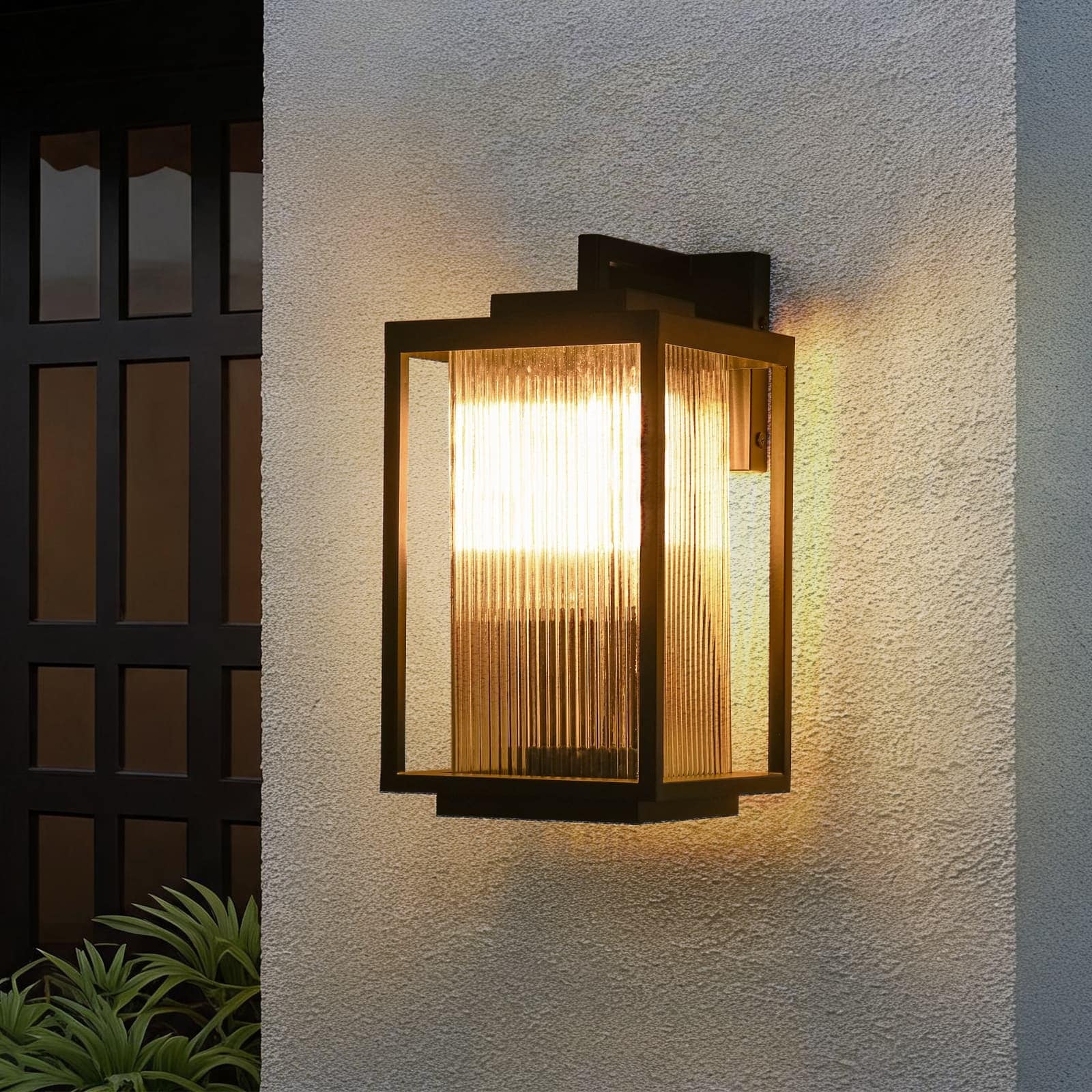Outdoor Square Lantern Ribbed Clear Glass Wall Sconce with Auto Light Sensor