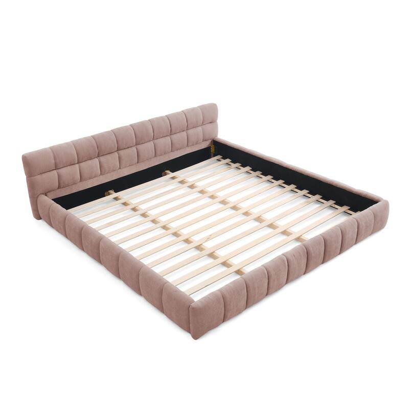 King Size Upholstered Platform Bed with Headboard, Pink Chenille Fabric, No Box Spring Needed