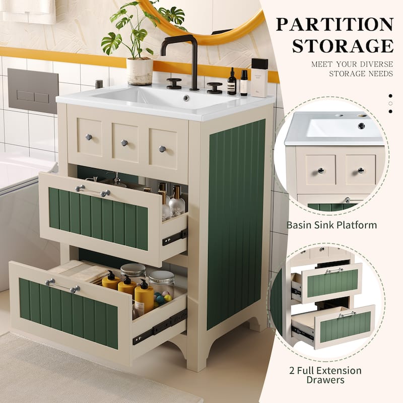 Modern 24" Bathroom Vanity with Ceramic Sink, 2 Drawers & Storage, Wooden Bathroom Cabinet