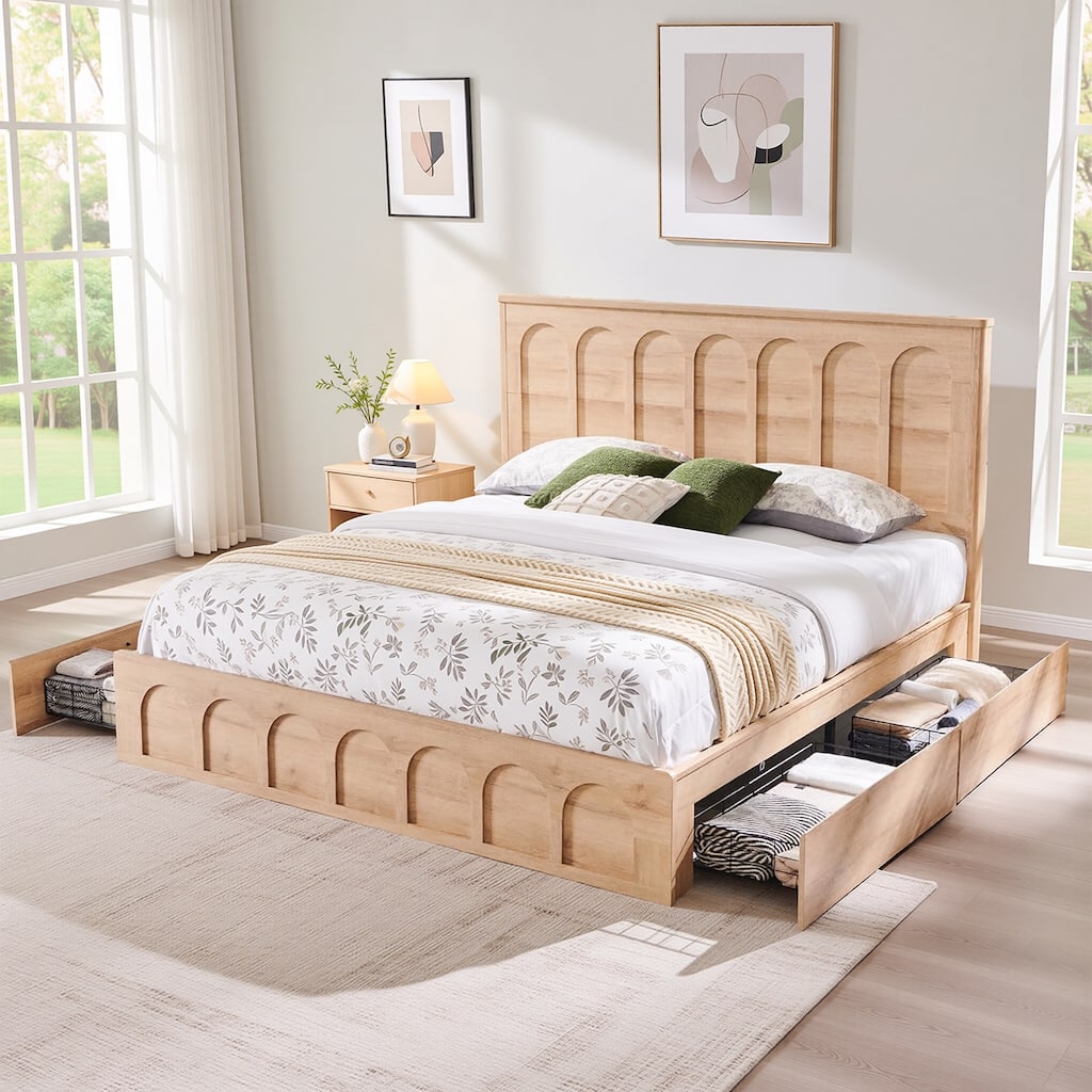 Modern King Size Bed Frame, 52" Tall Arched Recessed Headboard
