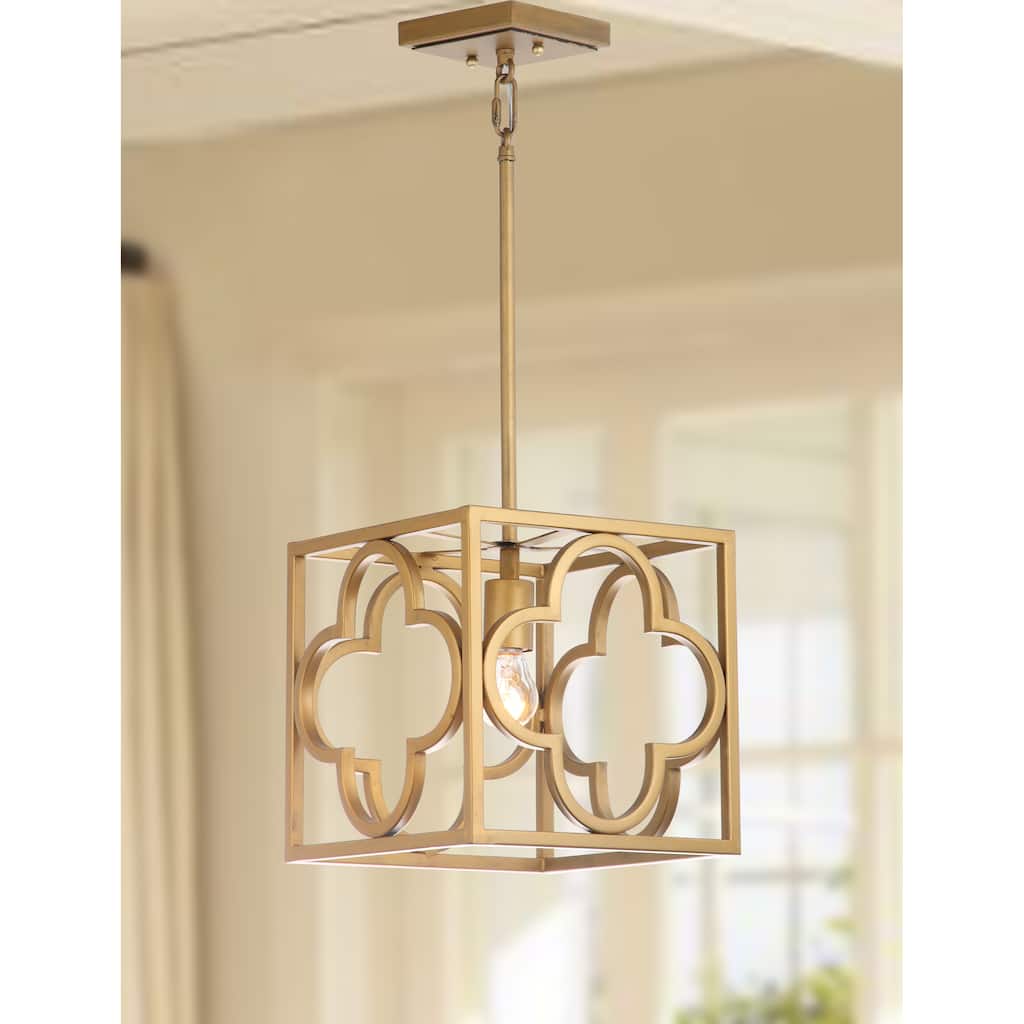 SAFAVIEH Lighting Eirini Gold Quatrefoil Trellis Adjustable Pendant - 10" W x 10" D x 14-50" H - 10Wx10Dx50H