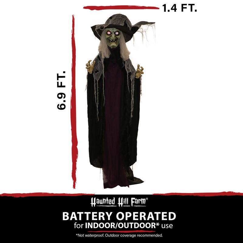 Haunted Hill Farm 6.9-ft. Standing Witch, Indoor/Covered Outdoor Halloween Decoration, LED Red Eyes, Poseable, Spinster