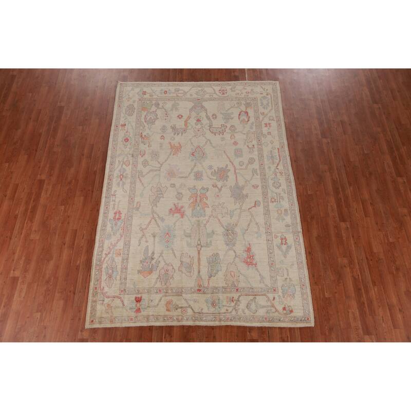 Hand Knotted Oriental 100% Wool Carpet Transitional All-Over Beige & Ivories Oushak Area Rug - 9' 2'' X 6' 2''
