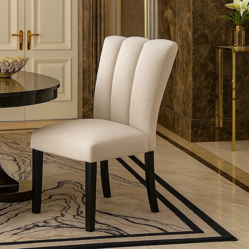 Dining Side Chair Set of 2, Foam Cushioned Beige Fabric, Black Wood