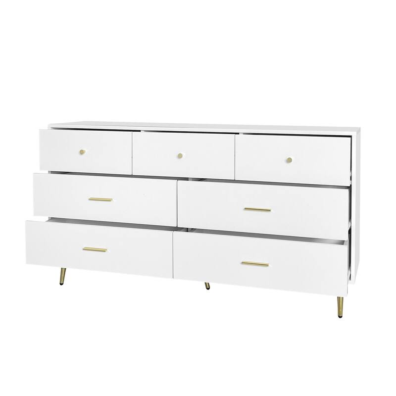 White Dresser with 7 Drawers for Bedroom, Modern Closet Storage Chest of Drawers with Golden Handle and Legs