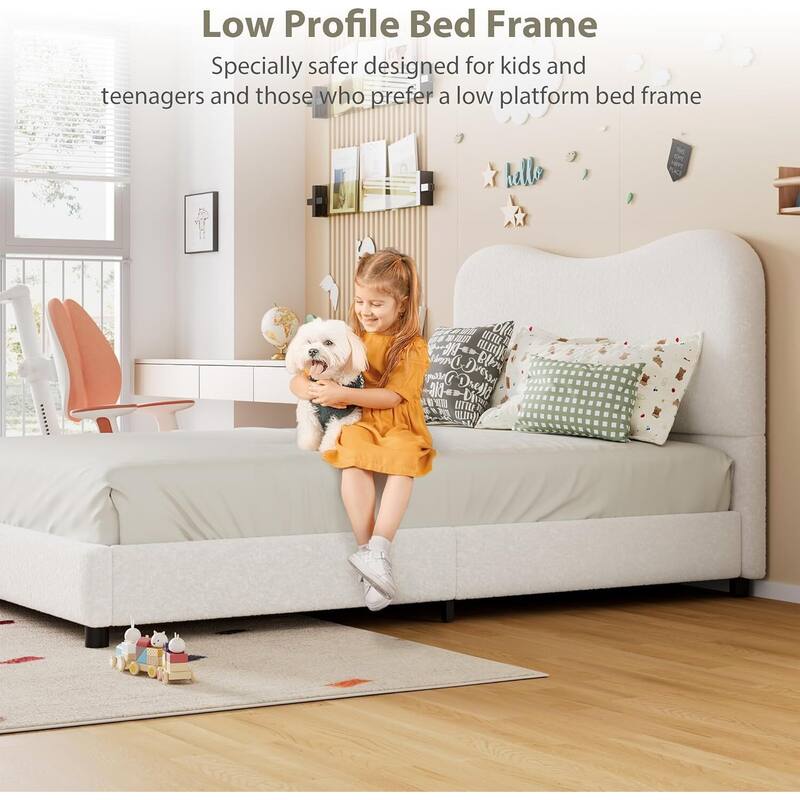 Upholstered Boucle Bed Frame with Headboard, No Box Spring Needed, White