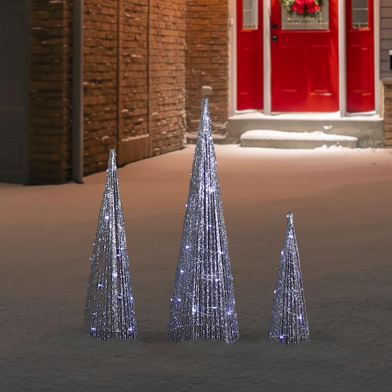 3 LED Silver Glitter Cone Tree Outdoor Christmas Decorations 23.5"