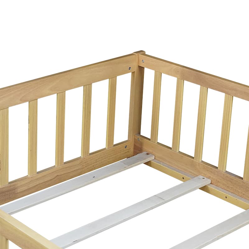 Roomfitters Twin/Full Floor Bed with Surround Fence, Rubber Wood Platform with Guardrails and Slats, Natural