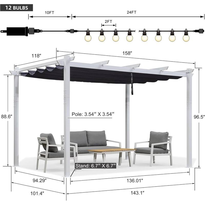 PURPLE LEAF Gazebo White Aluminium Outdoor Retractable Pergola with Canopy Cover