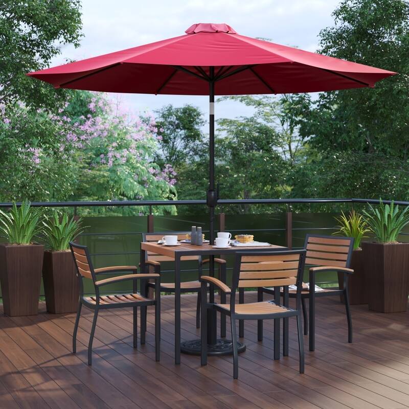 35" Square Faux Teak Patio Table, 4 Chairs and 9FT Patio Umbrella with Base - Red