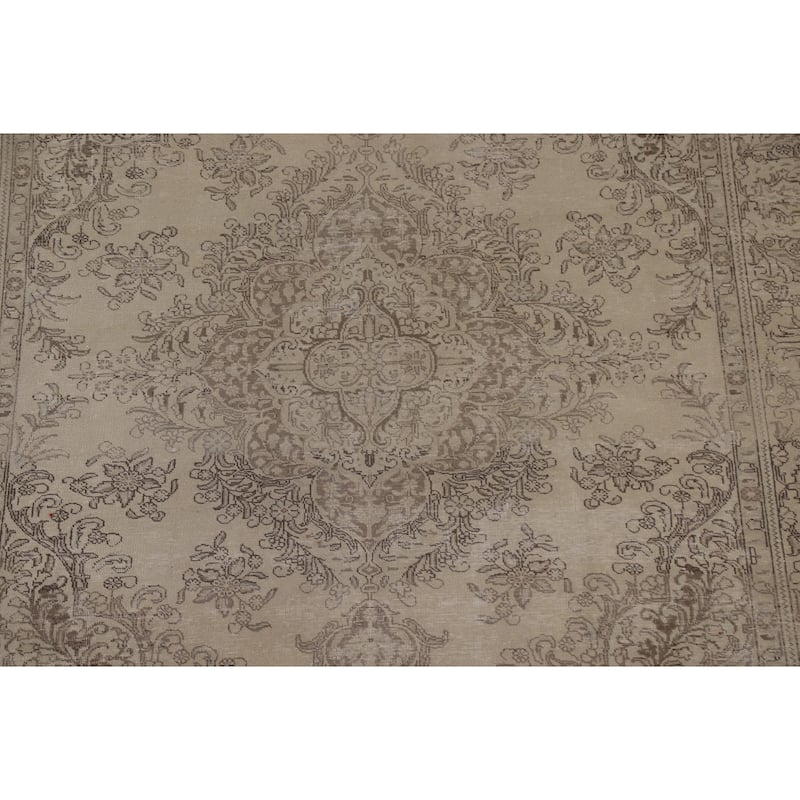 Distressed Tabriz Persian Vintage Beige Rug Hand-knotted Wool Carpet - 8'4" x 10'10"