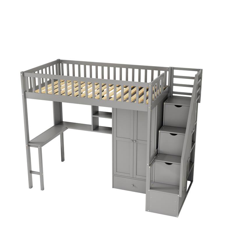 Twin size Loft Bed with Bookshelf Drawers Desk and Wardrobe
