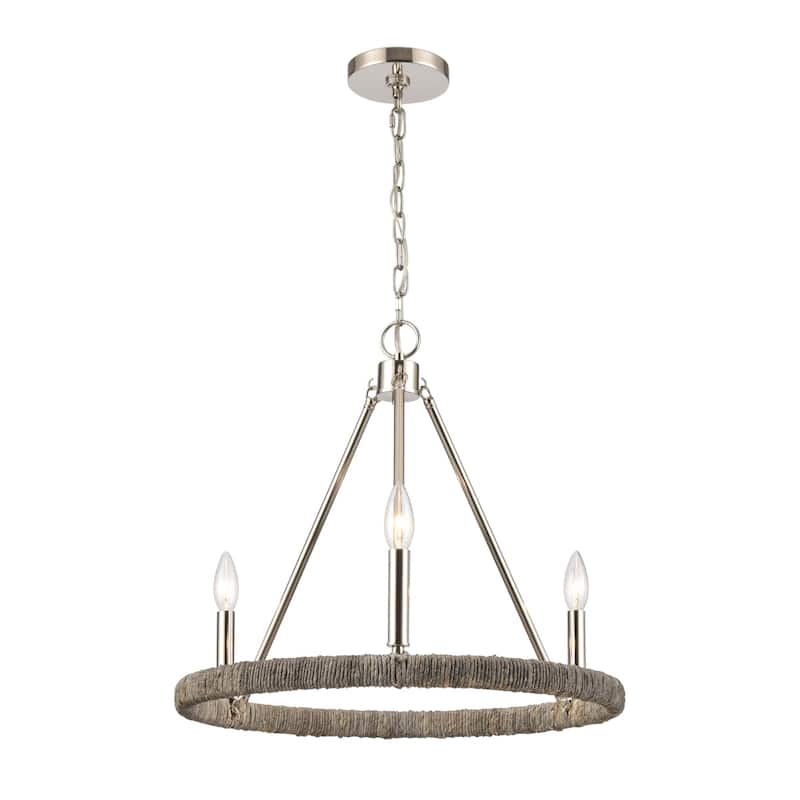 Abaca Rope Chandelier - 3-Light_Wheel - Polished Nickel