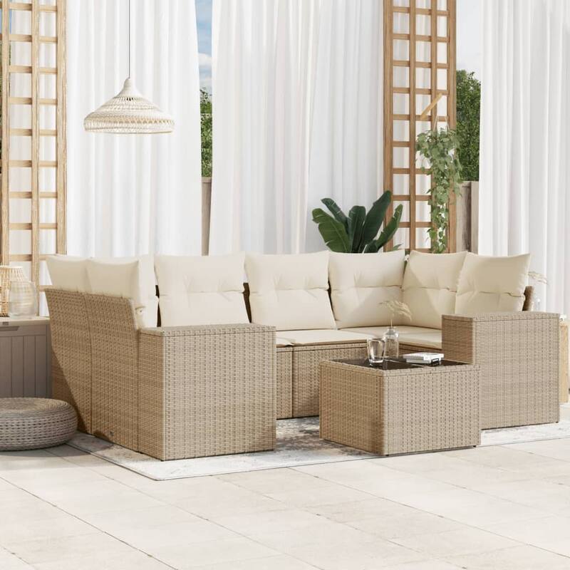 vidaXL Patio Sofa Set with Cushions Outdoor Furniture 7 Piece Poly Rattan - 24.4 x 24.4 x 27.2 - Beige and cream