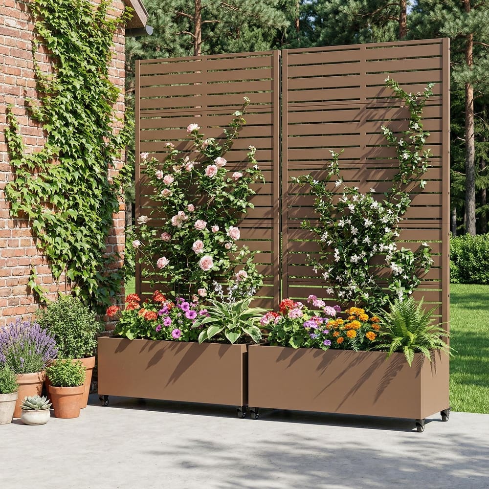 Metal Planter Box with Trellis Privacy Screen Planter Box with Lockable Wheels Set of 2