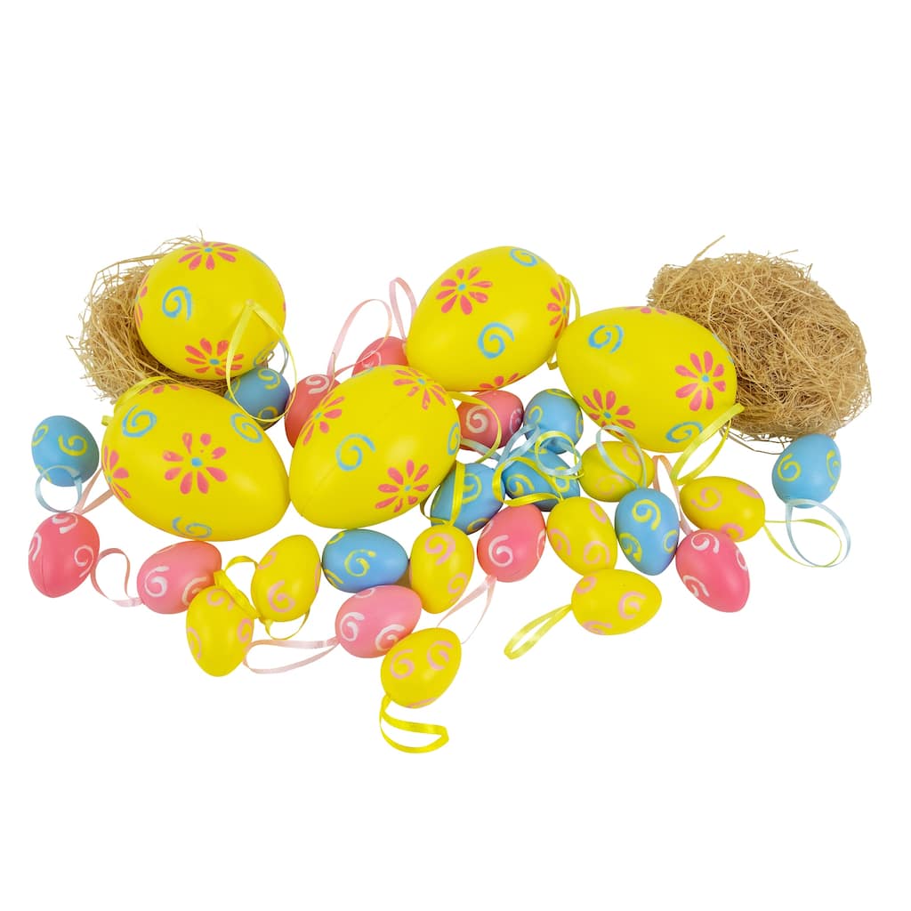 Set of 29 Blue Yellow Painted Floral Spring Easter Egg Ornaments 3.25"