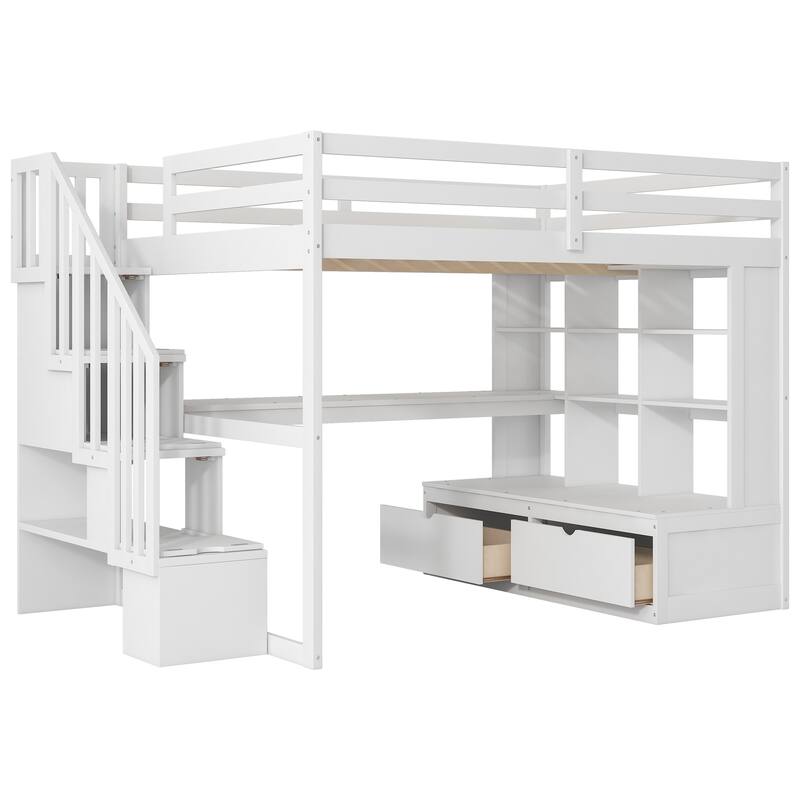 Full Size Loft Bed with Desk, Shelves, Drawers, and Storage Staircase in White