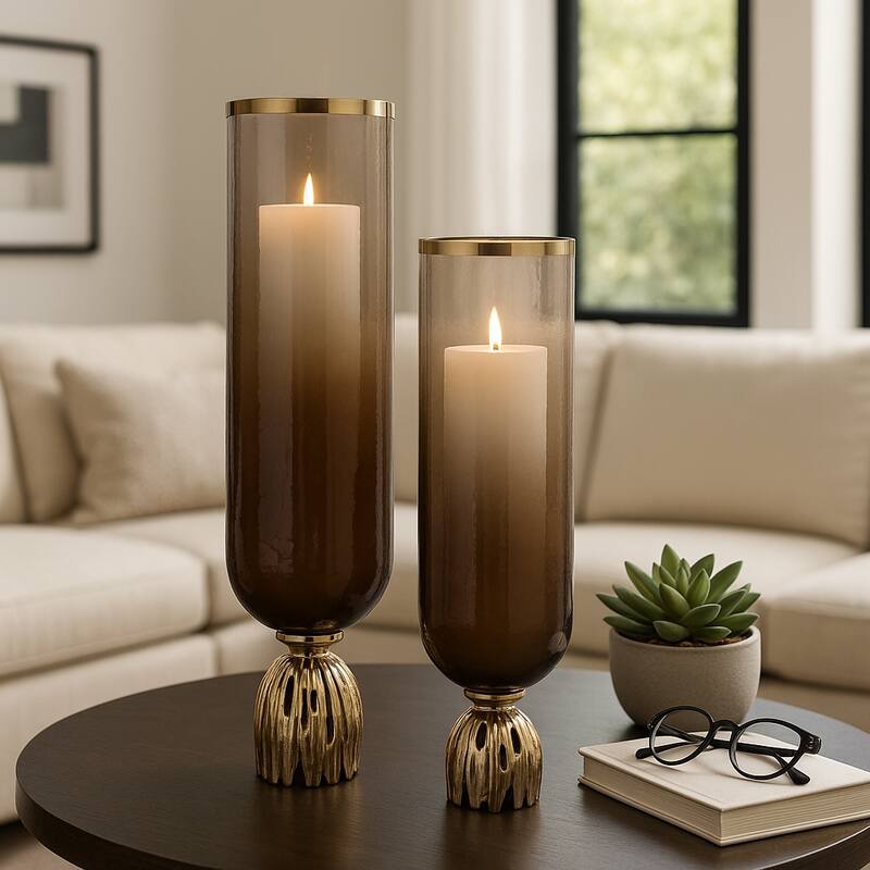 Glass Sculpted Base Hurricanes - Set of 2 - Brown, 20" - 23.0"