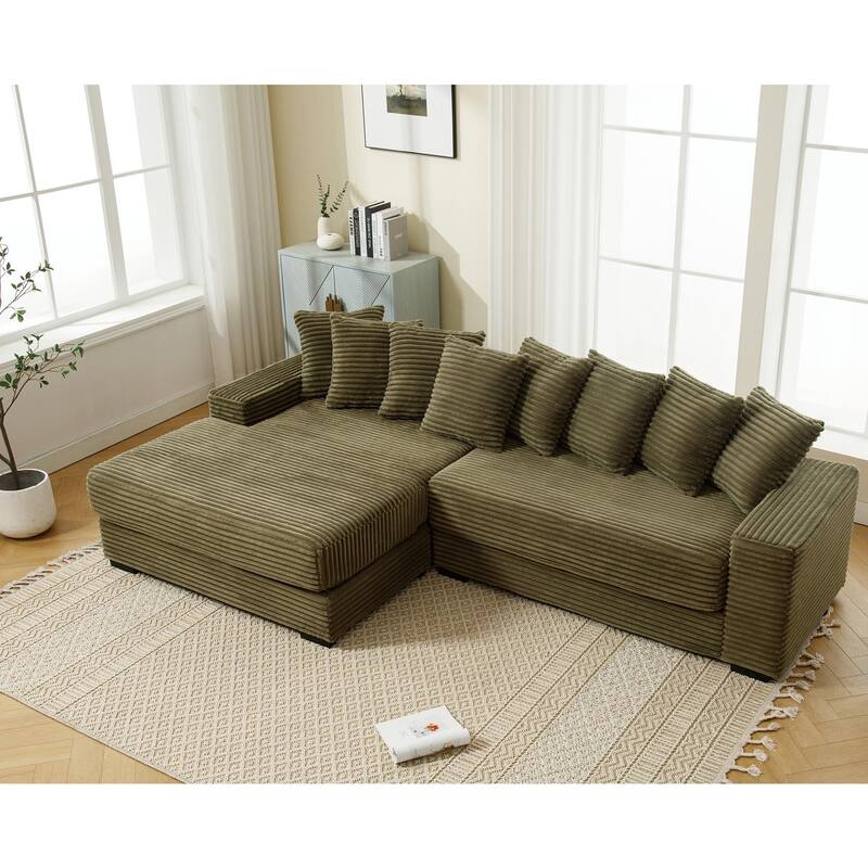 Oversized Corner Couch L-Shaped Corduroy Sofa Set with Left Chaise Daybed, Armrests, and Eight Throw Pillows