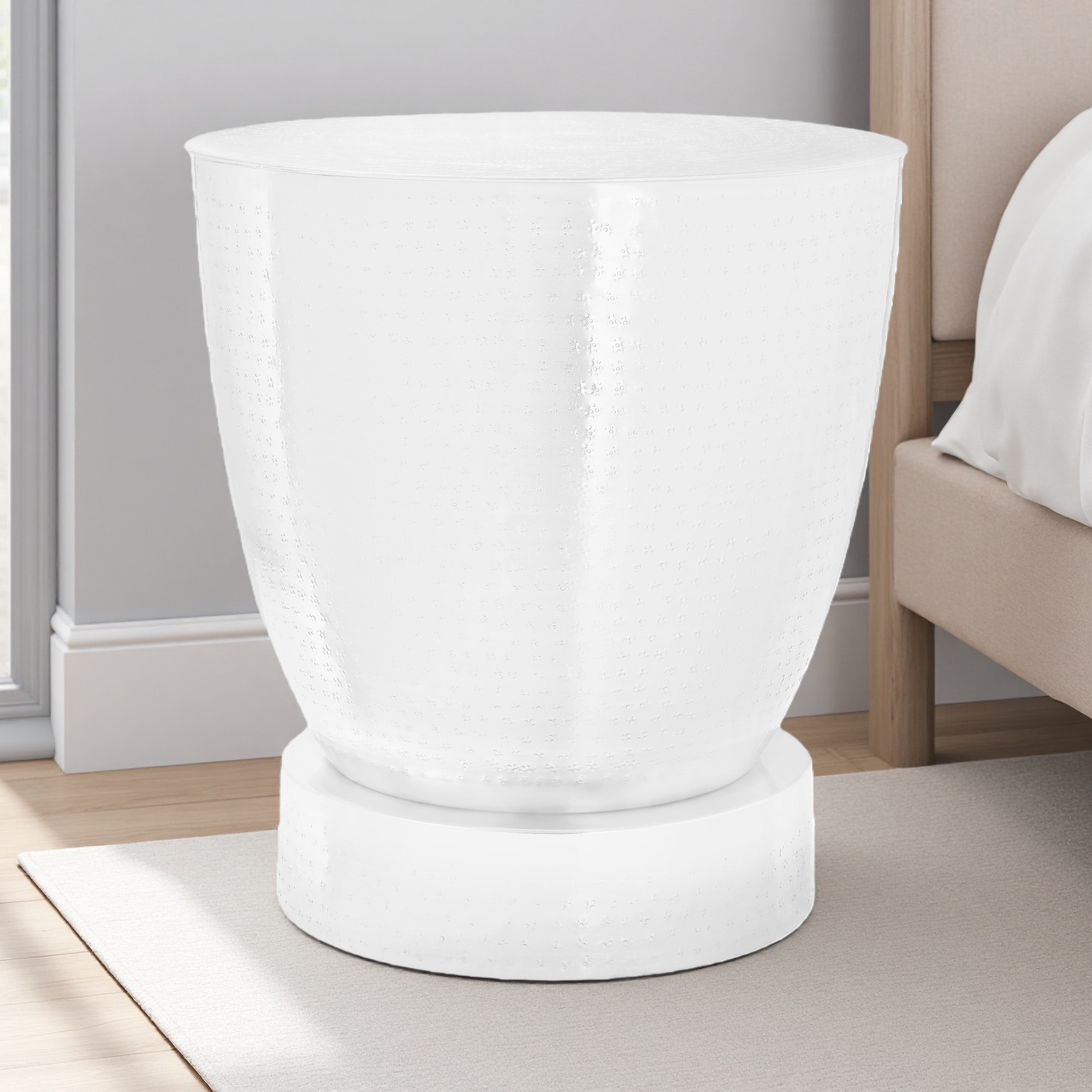 20"L Metal Drum Accent Table, Hammered-Effect Finish, Pedestal Base, Nightstand Table