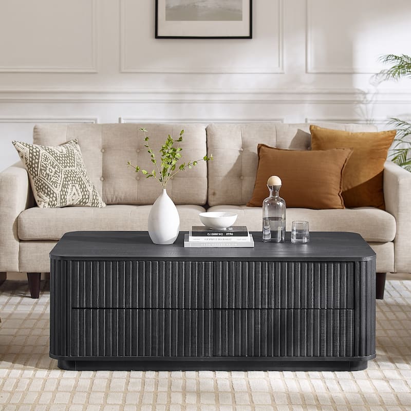 Fluted Coffee Table w/ 4 Drawers, Modern Center Table for Living Room - Black