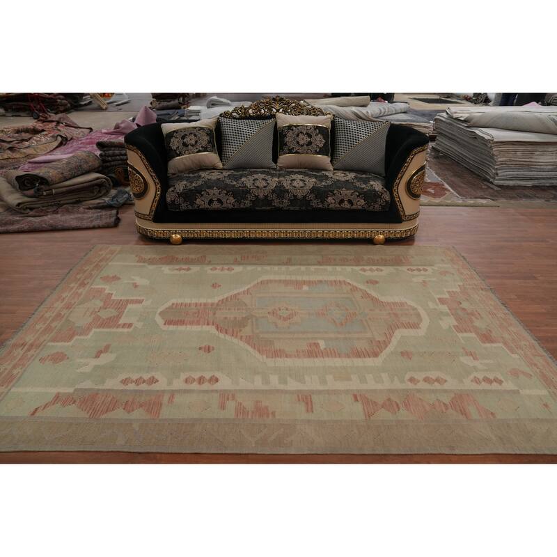 Hand Woven Oriental 100% Wool Carpet Southwestern Tribal Green Kilim Area Rug - 9' 9'' X 6' 9''