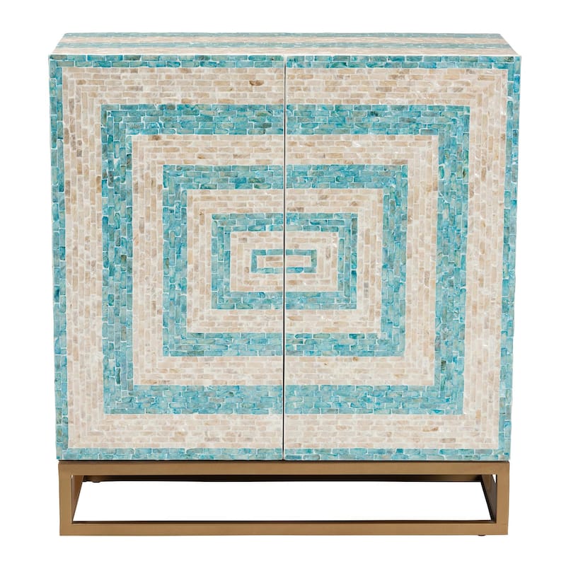 Utari Modern Bohemian Two-Tone Beige and Blue Mother of Pearl and Gold Metal Storage Cabinet
