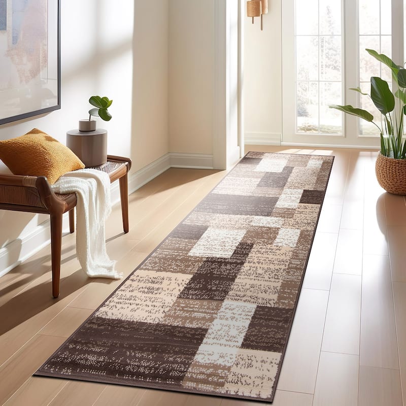 World Rug Gallery Contemporary Distressed Boxes Area Rug - 2' x 7' - Brown - Runner