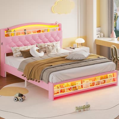 Bed Frame LED Lights Charging Station Platform Bed Princess Girls