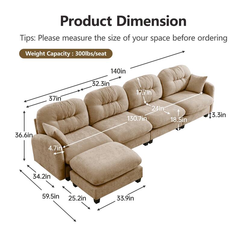 GDF Studio - Kitty Modern Chenille Upholstered Modular Sectional Sofa with Ottoman and Tufted Backrest
