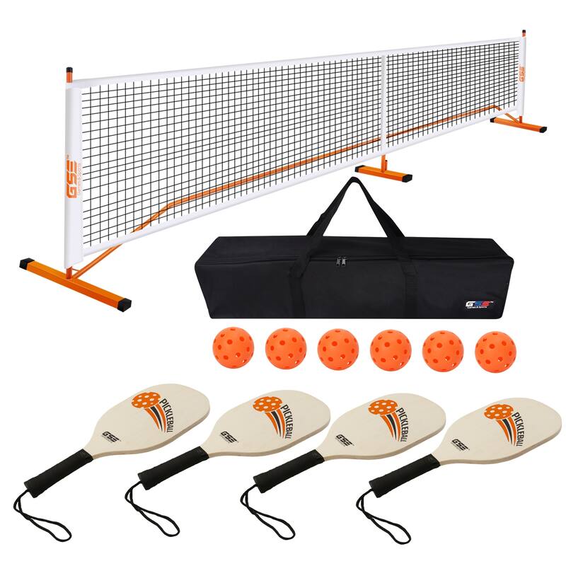 GSE™ Professional Portable Pickleball Complete Set with Pickleball Net, 4 Pickleball Paddles, 6 Pickleball Balls, Carrying Bag - Orange