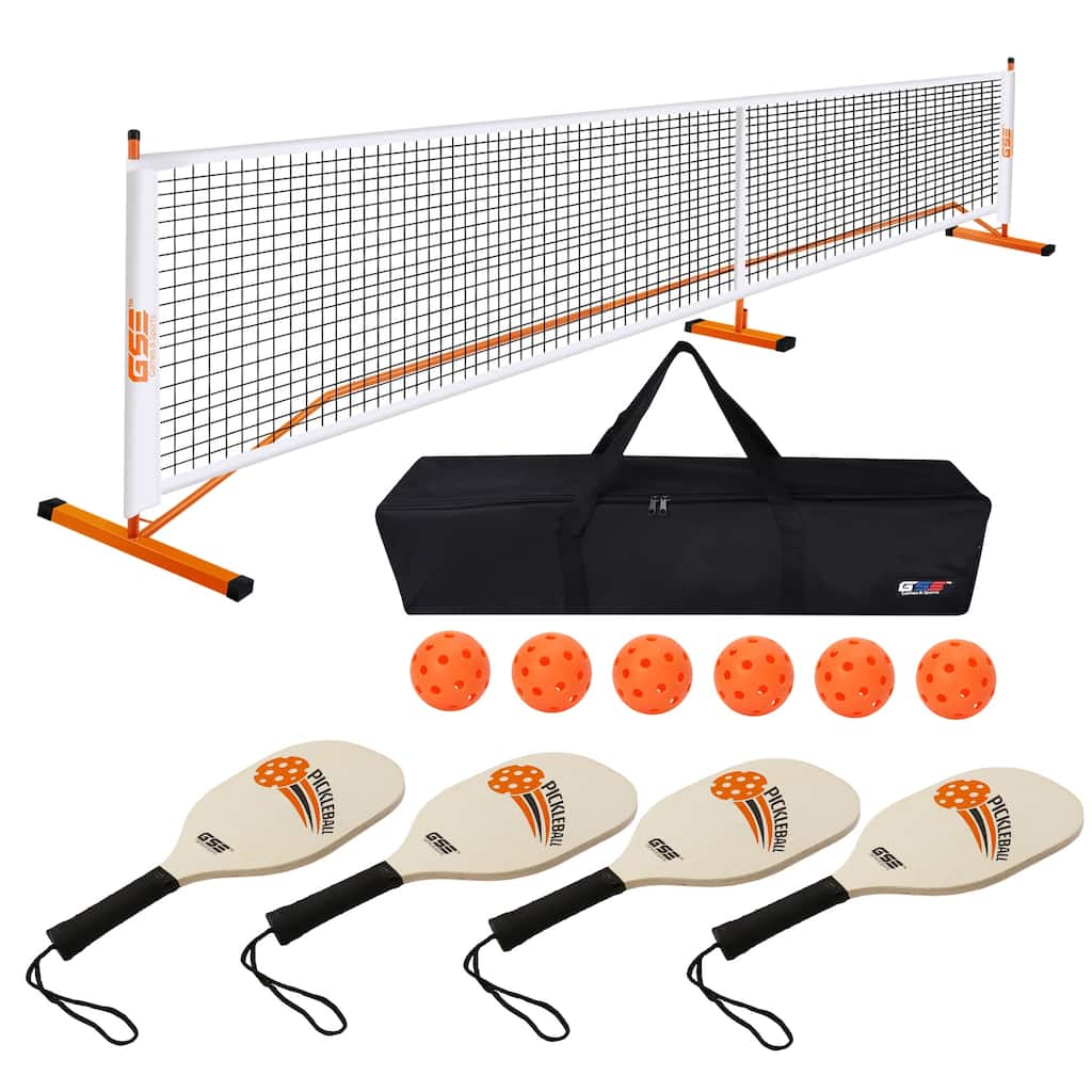 GSE™ Professional Portable Pickleball Complete Set with Pickleball Net, 4 Pickleball Paddles, 6 Pickleball Balls, Carrying Bag
