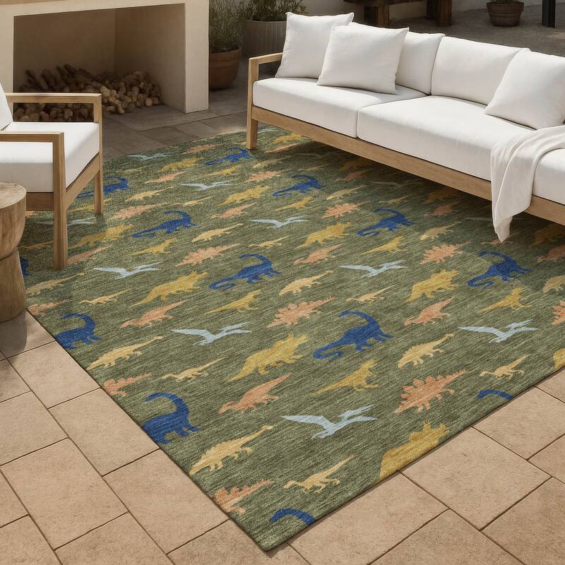 Machine Washable Indoor/ Outdoor Modern Dinosaur Chantille Rug - Olive - 9' x 12'