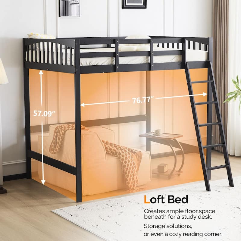 Solid Wood Loft Bed with USB Charging Station/LED with Flat Rungs,No Box Spring Needed