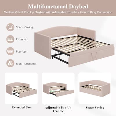 Twin Size Velvet Upholstered Daybed with Extended Pop Up Trundle Bed Convertible King Sofa Bed Frame, Space-Saving Twin to King