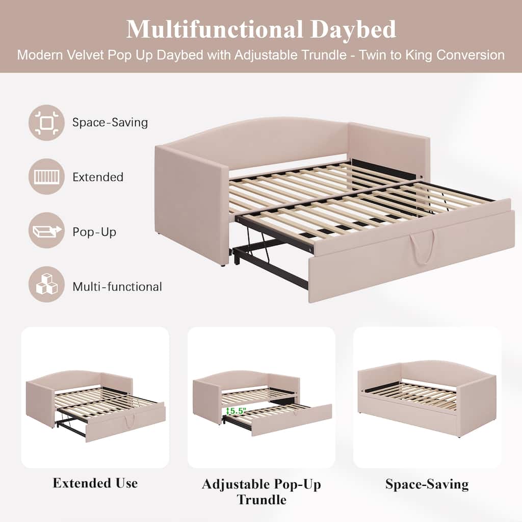 Twin Size Velvet Upholstered Daybed with Extended Pop Up Trundle Bed Convertible King Sofa Bed Frame, Space-Saving Twin to King