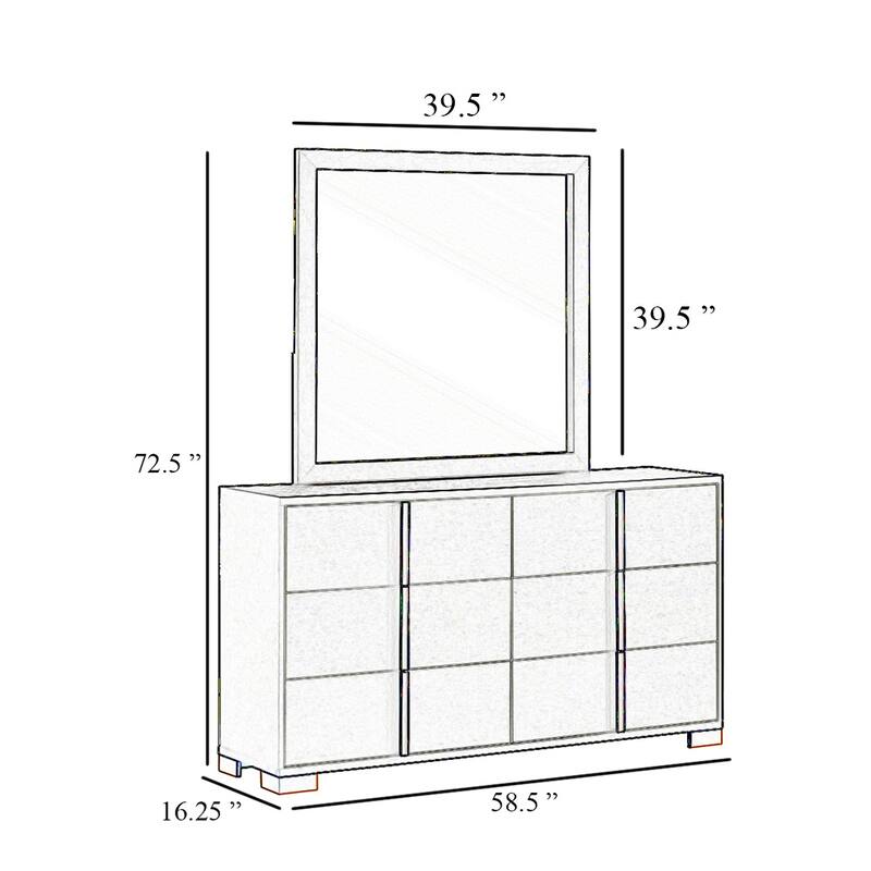 Dex Wide 6 Drawer Dresser with Mirror, Contemporary Gold Metal, White