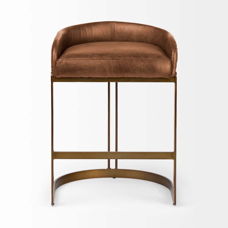 Hollyfield Medium Brown Genuine Leather Seat with Gold Metal Frame Counter Stool - 29.0