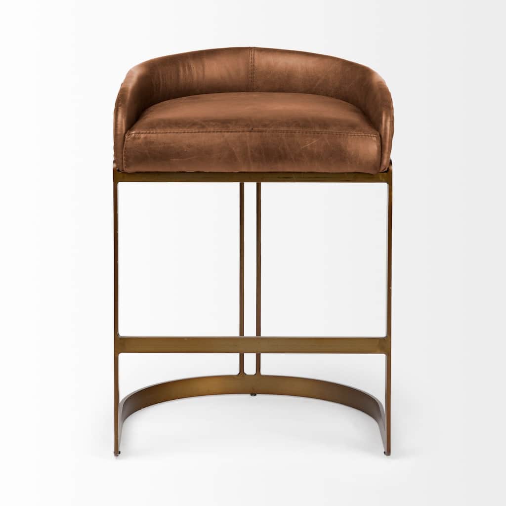 Hollyfield Medium Brown Genuine Leather Seat with Gold Metal Frame Bar Stool
