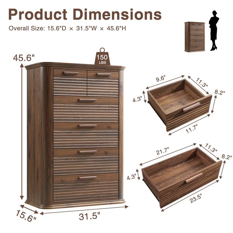 Mid-Century Modern 6 Drawers/7 Drawers Dresser for Bedroom, Tall Dresser & Chest of Drawers with Curved Profile Design