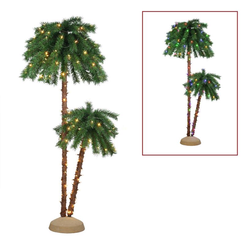 Puleo International 3.5 ft. & 6ft Pre-Lit Artificial Double Trunk Palm Tree - Green