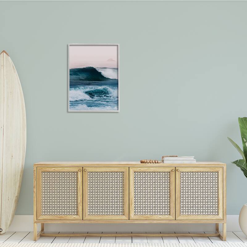 Stupell Crashing Surf Waves Ocean Beach Scene Distant Cliffs Framed Wall Art