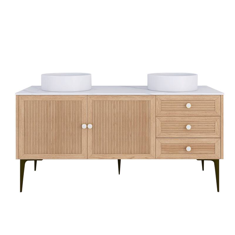 60" Freestanding Bathroom Vanity in Oak with White Ceramic Sink - 60'' x 20.05'' x 33.46''