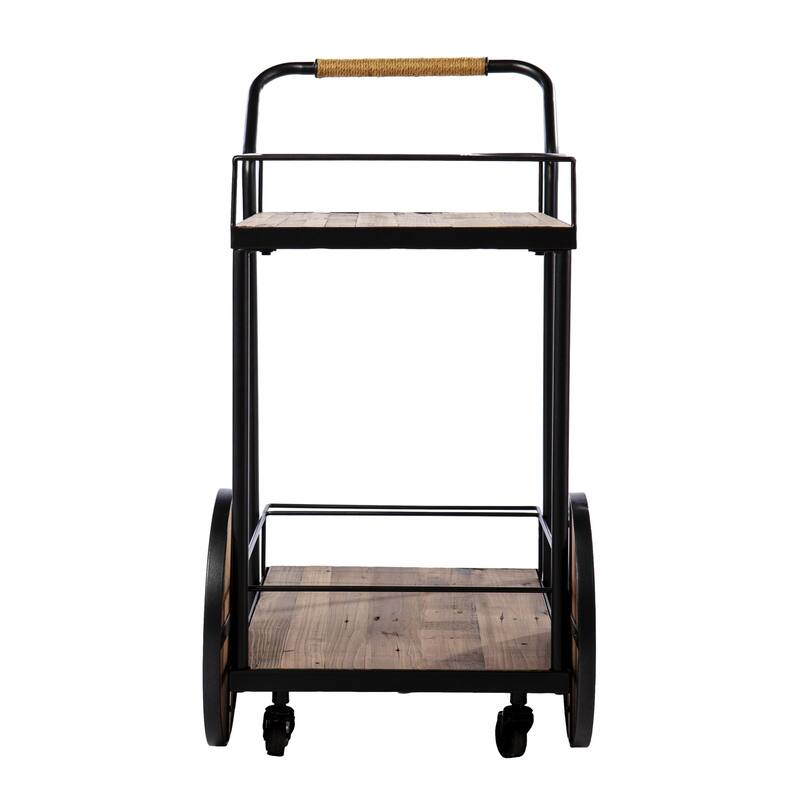 Mobile Bar Cart with Natural Wood Surface Matte Iron Frame 6-Bottle Wine Rack and Shelf - 34”H x 32.25”W x 17.5”D