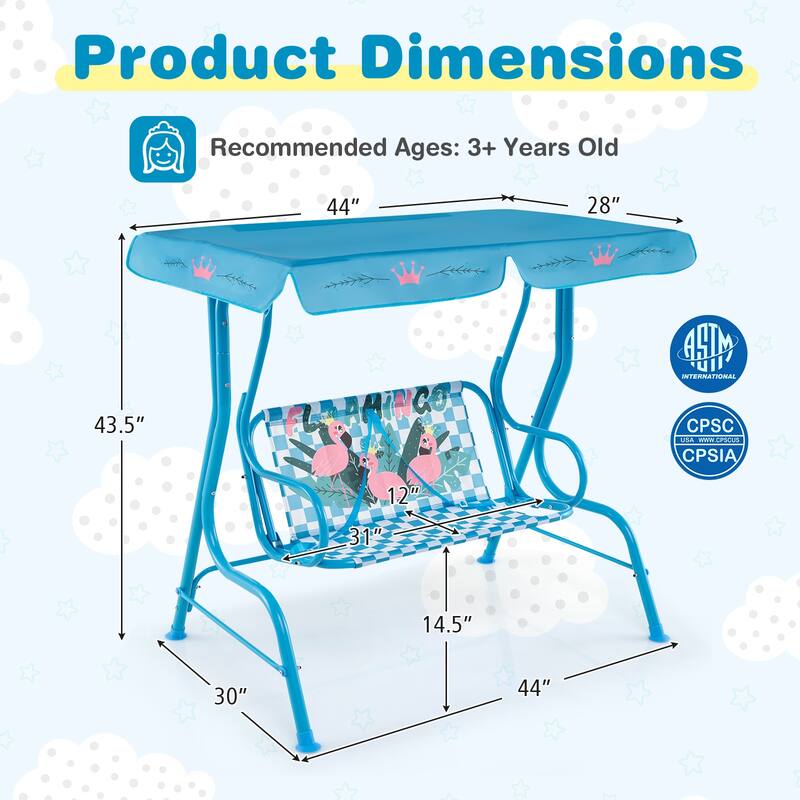 Oxford Cloth Metal Kids Swing with Adjustable Canopy and Safety Belts - 44" L x 28" W x 43.5" H