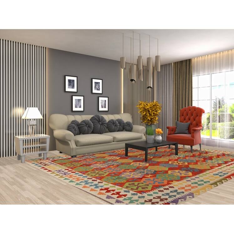 Colorful Kilim Oriental Area Rug Hand-Woven Wool Carpet - 8'7"x 11'1"